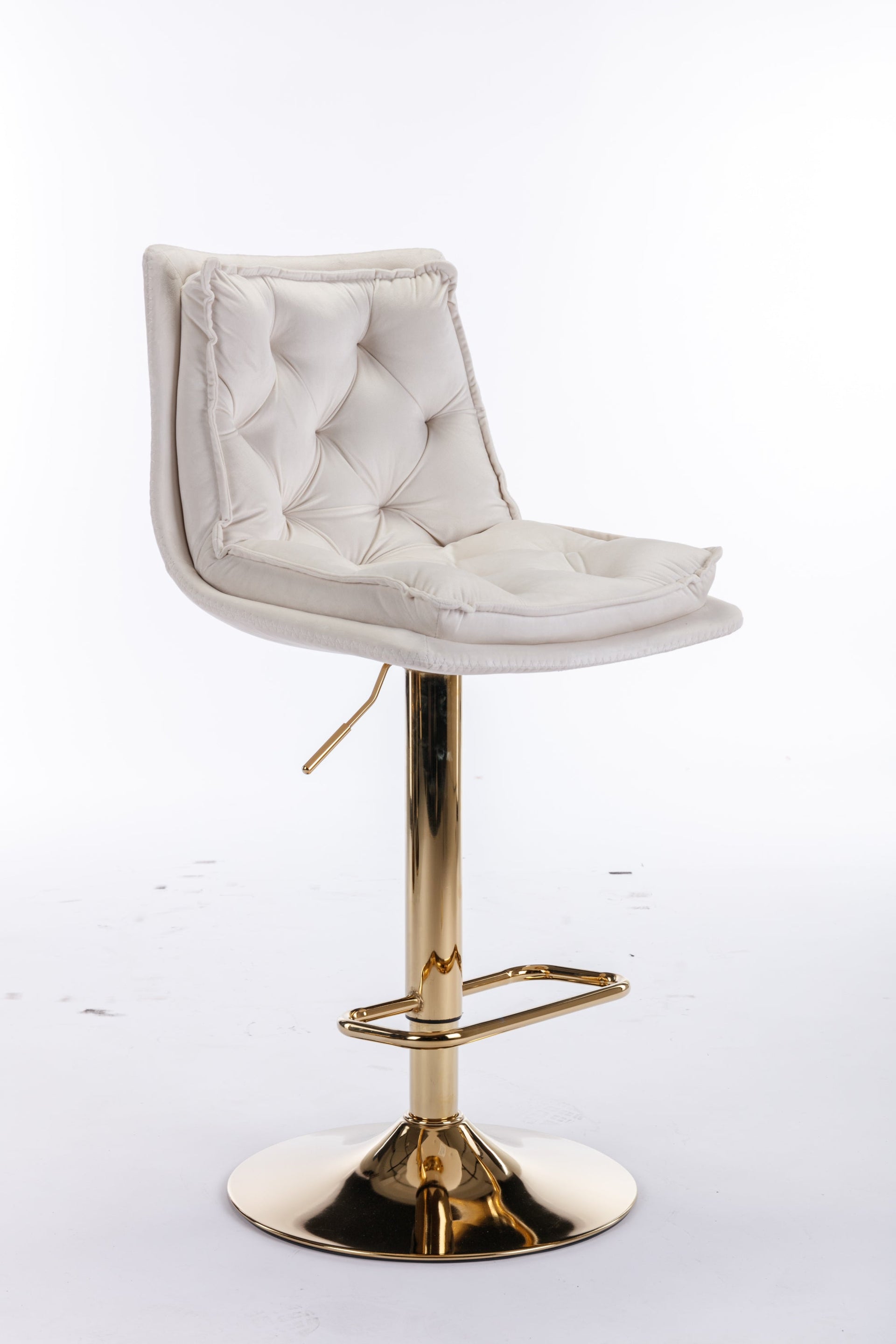 Set of 2 Bar Stools — Chrome Footrest, Swivel Height-Adjustable Velvet Seat, Golden Legs