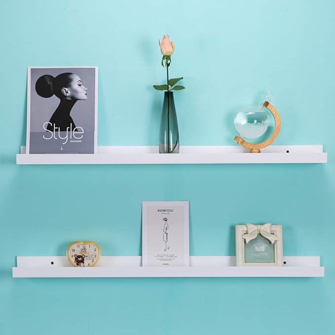 AZSKY 48 Inch White Picture Ledge Shelf Long Floating Shelves Set of 2 Wall Picture Shelf Pine Photo Frames Narrow Picture Ledge Mounting Hardware Included