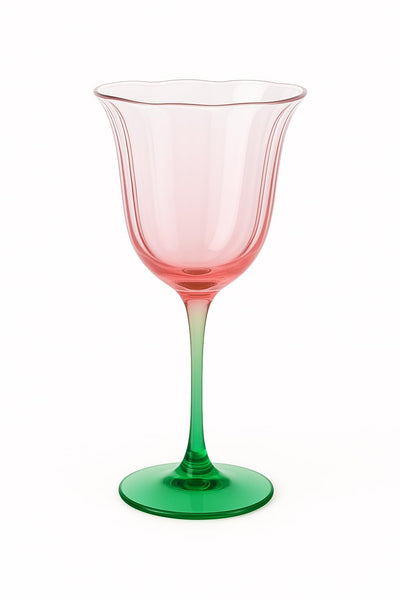 Khen Blossom Pink Tulip Wine Glasses Set of 2, Hand Blown Colored Crystal