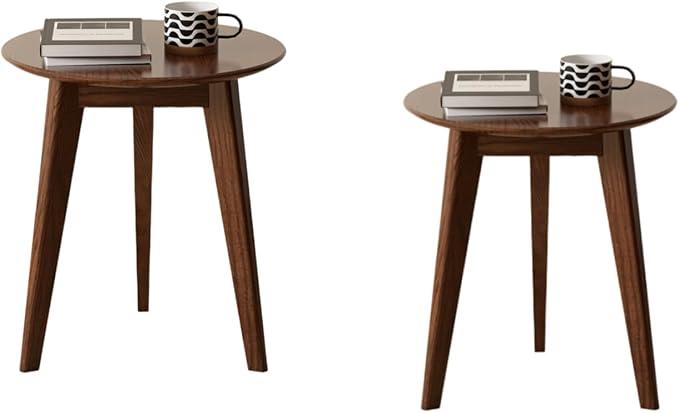 100% Solid Oak Round Side Table Set of 2, Small Bedside Table for Small Spaces, Living Room End Table with Stable Frame, Modern Nightstand for Bedroom Couch(Walnut, 17.71