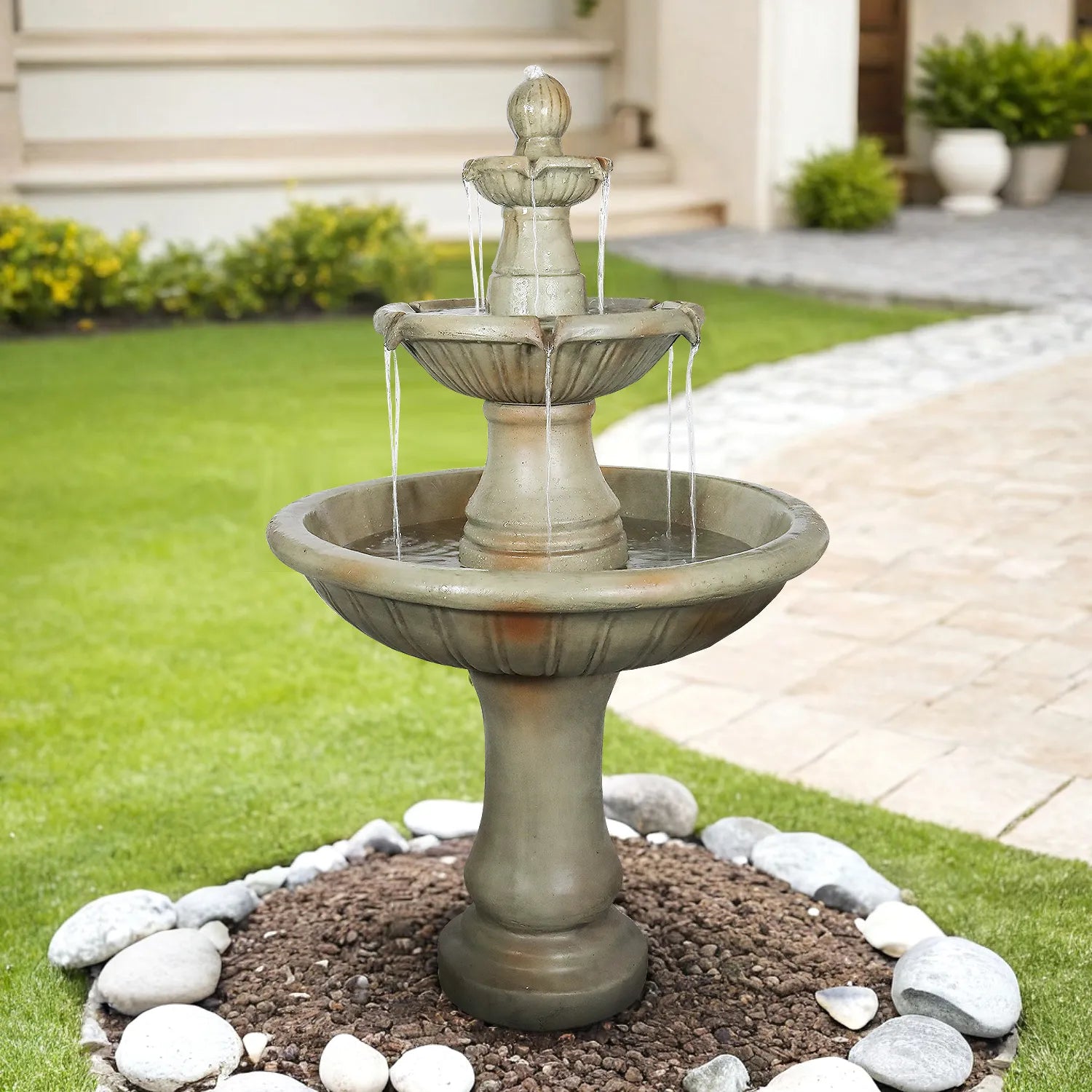 Concrete Fluted 3 Tier Outdoor Water Fountain 51 Inch
