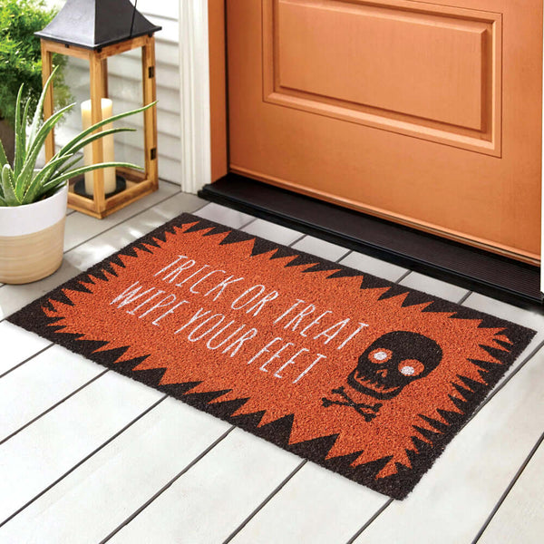 Trick-or-Treat Wipe Your Feet Halloween Doormat with Skull Design