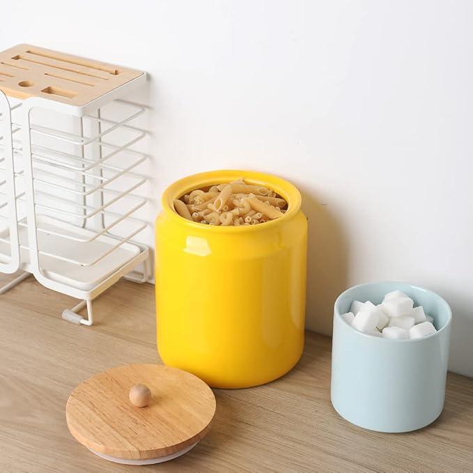 Sweejar Ceramic Kitchen Canisters, 58 FLOZ Porcelain Food Storage Jar with Airtight Seal Wooden Lid, Home Container Serving for Coffee Beans, Tea-leave, Sugar, Salt and More, Tool Bucket (Yellow)