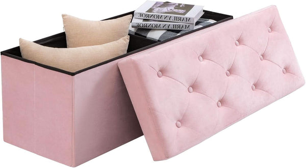 Pink 43 Inch Velvet Lux Foldable Storage Ottoman Bench