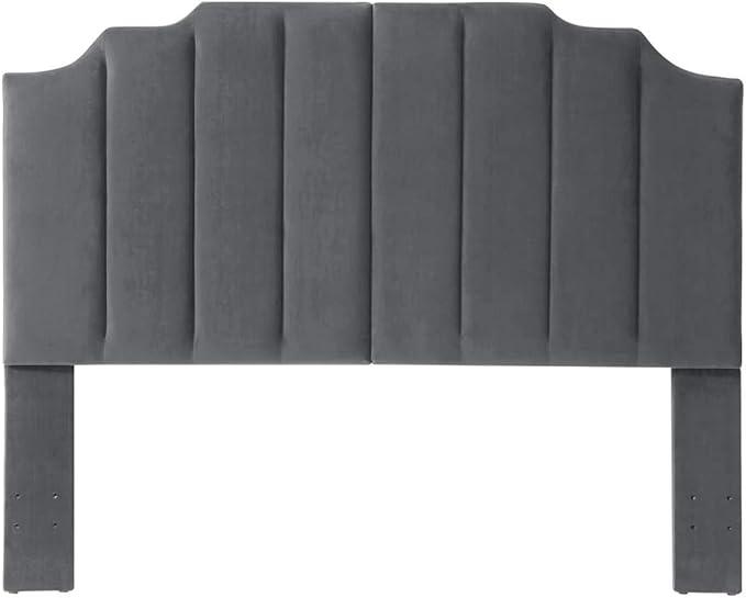 24KF Dark Gray Velvet Tufted Queen Upholstered Headboard, Modern Vertical Channel Design California Queen/Full Headboard with Stepped Silhouette Top Edge,Dark Gray