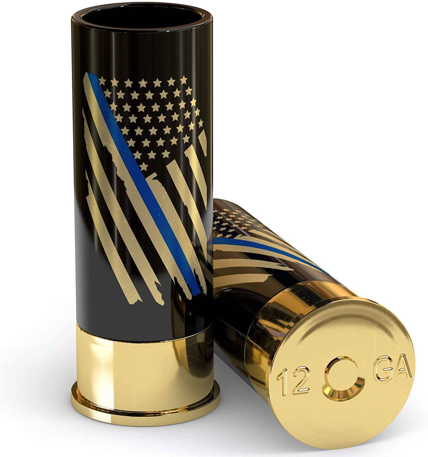 12 Gauge Shot Glasses | Thin Blue Line Gift Set of 4 | Patriotic Police Flag Barware