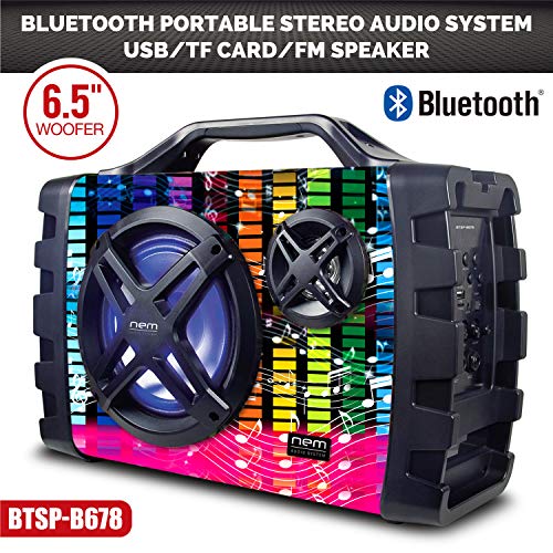 NEM Stereo Boombox with Bluetooth, LED Lights, NFC, USB, AUX-In, Radio, MP3 & Mic/Guitar Input