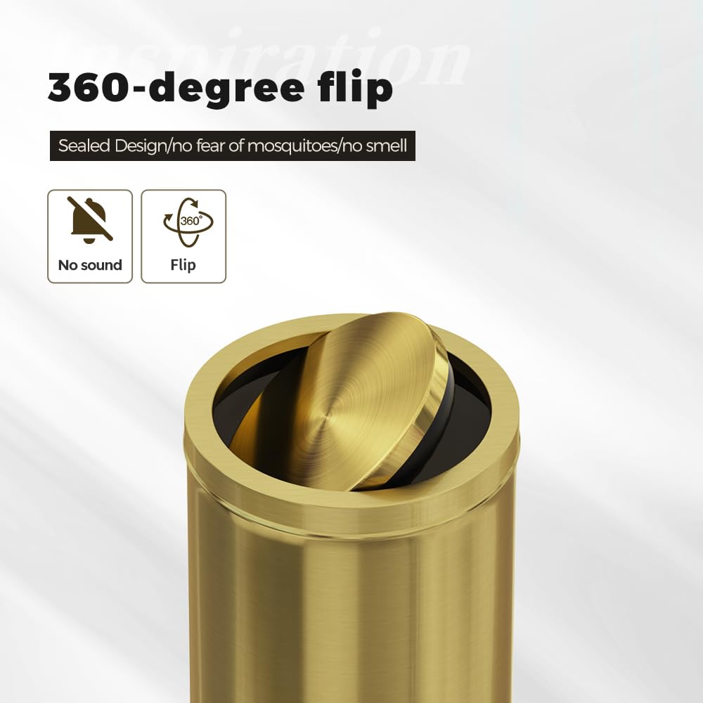 30L/8GAL Gold Brass Kitchen Trash Can,Tall Commercial Garbage can，Large Capacity FILP lid Trash can for Kitchen,Shopping mall,Elevator gate,Airport, Hotel,Commercial (Gold)