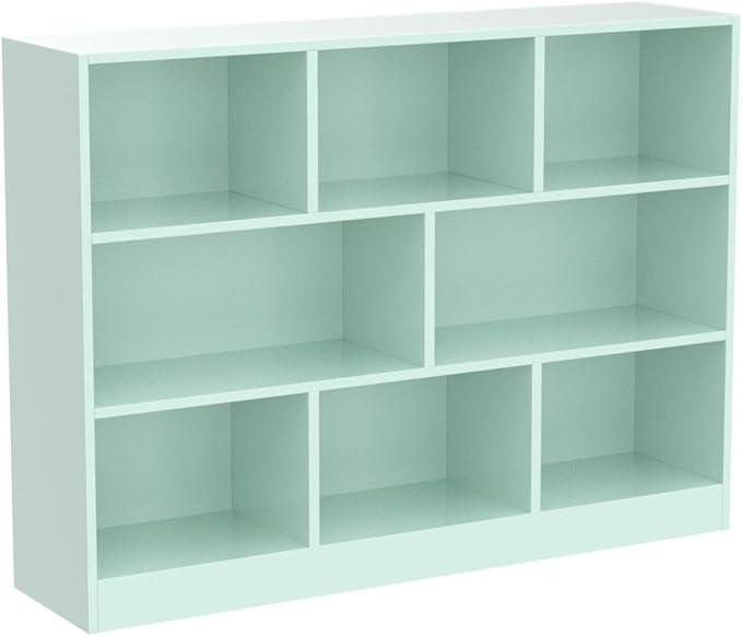 IOTXY Open Shelf Low Bookcase - Wooden 3-Tier Floor Standing Display Cabinet Organizer with Base, 8 Cubes Short Horizontal Bookshelf in Tiffany-Green