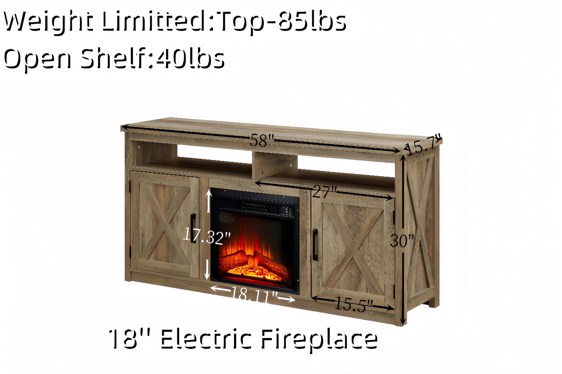 Farmhouse TV Media Stand, Large Barn Inspired Home Entertainment Console, with 18' Fireplace