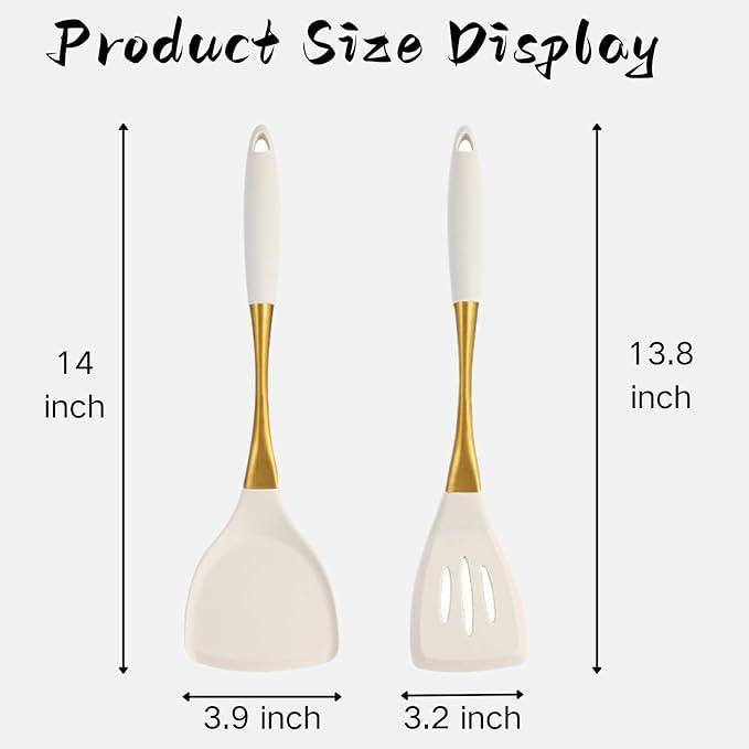 Heat-Resistant Silicone Kitchen Spatula Set – Non-Toxic Cooking Utensils with Solid & Slotted Designs –Food Grade Silicone and Stainless Steel Handles –Ideal for Nonstick Cookware, Gold