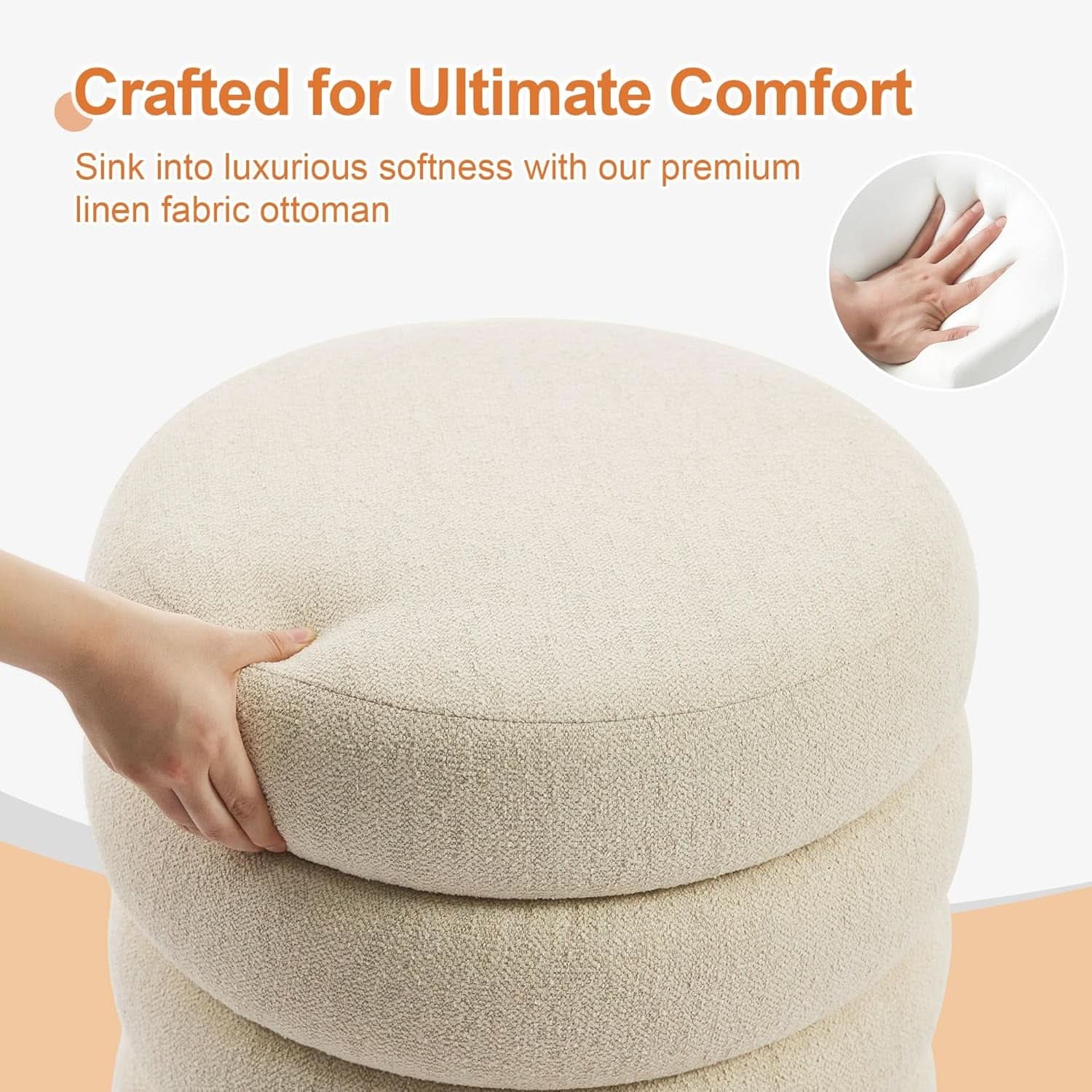 Beige Linen Upholstered Round Storage Ottoman Removable Lid