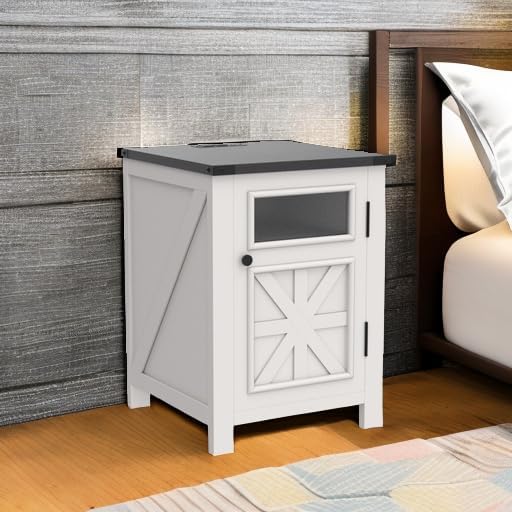 JXQTLINGMU Farmhouse End Table with Charging Station, 18'' Rustic Nightstand with Barn Door & Adjustable Shelf, Wooden Sofa Side Table with 3-Tier Storage for Living Room, Bedroom, White