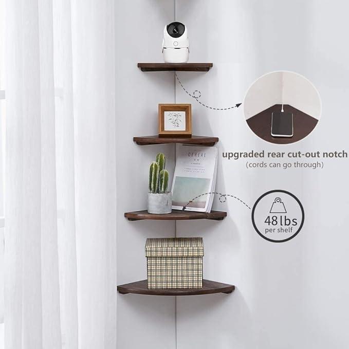 Corner Shelf, Solid Oak Wood Floating Corner Shelf Wall Mount Round End Floating Speaker with Wire Hole for Small Plant Photo for Bedroom Kitchen, Living Room Walnut