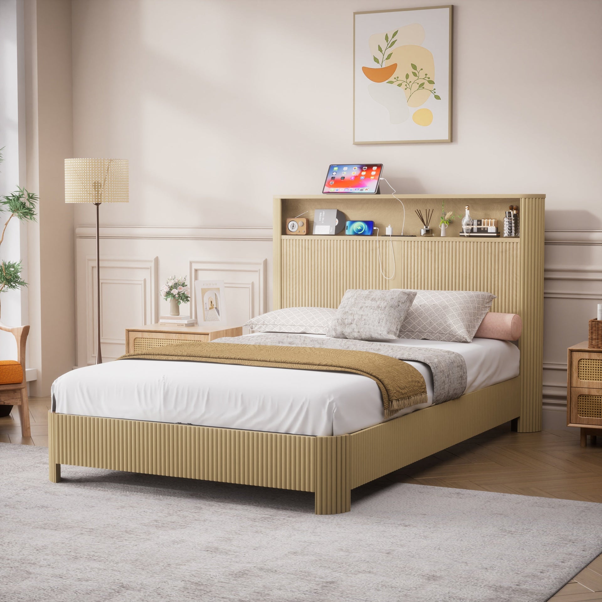 Full Extra Long Size Bed Frame with Storage Headboard