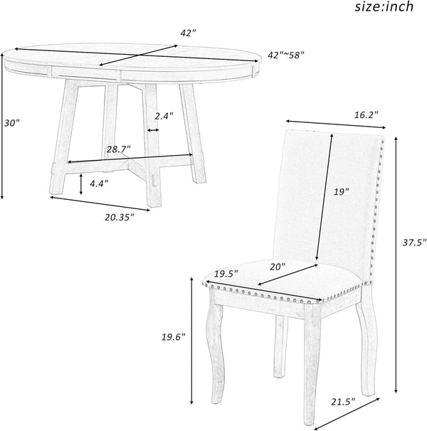 Farmhouse Round Extendable Dining Table Set Oak Finish with Upholstered Chairs