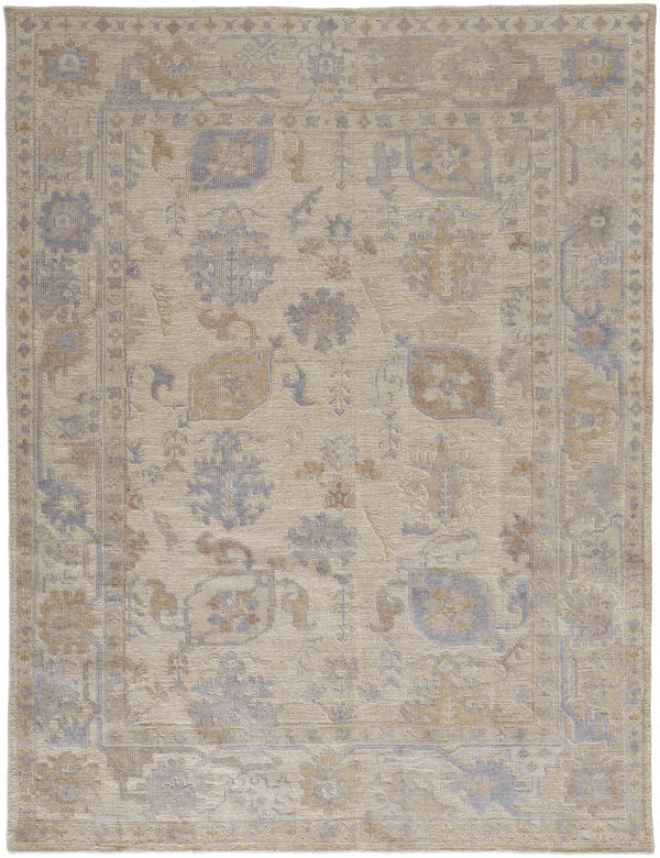 2' X 3' Tan Orange And Blue Floral Hand Knotted Stain Resistant Area Rug
