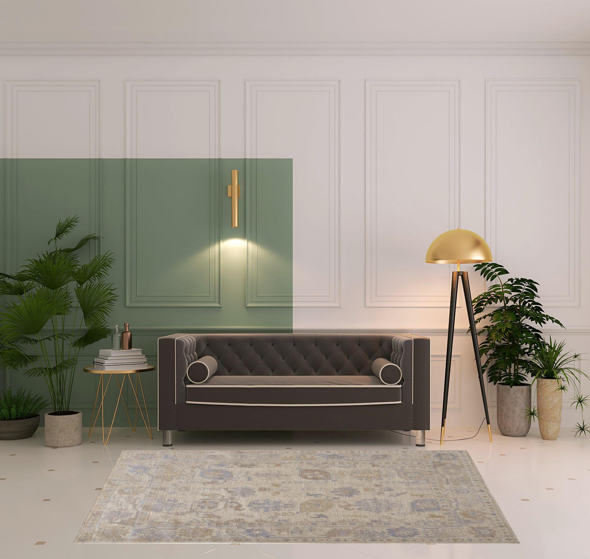 2' X 3' Tan Orange And Blue Floral Hand Knotted Stain Resistant Area Rug