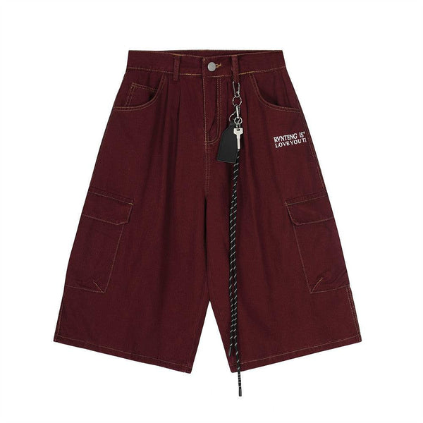 High Street American Style Workwear Cargo Shorts for Men with Topstitching Design and Metal Accessories, Multi-Pocket Denim Shorts