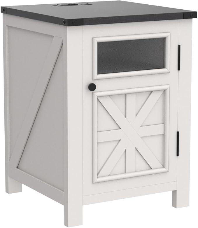 JXQTLINGMU Farmhouse End Table with Charging Station, 18'' Rustic Nightstand with Barn Door & Adjustable Shelf, Wooden Sofa Side Table with 3-Tier Storage for Living Room, Bedroom, White