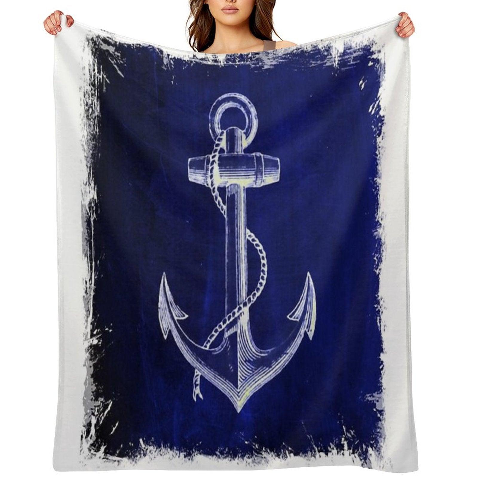 Preppy Rustic Beach Sailor Fashion Navy Blue Anchor Nautical Throw Blanket