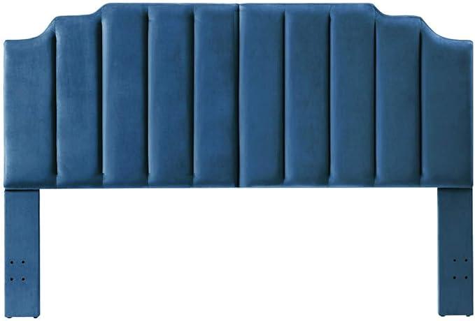 24KF Navy Blue Velvet Tufted King Upholstered Headboard, Modern Vertical Channel Design California King Headboard with Stepped Silhouette Top Edge, Navy Blue
