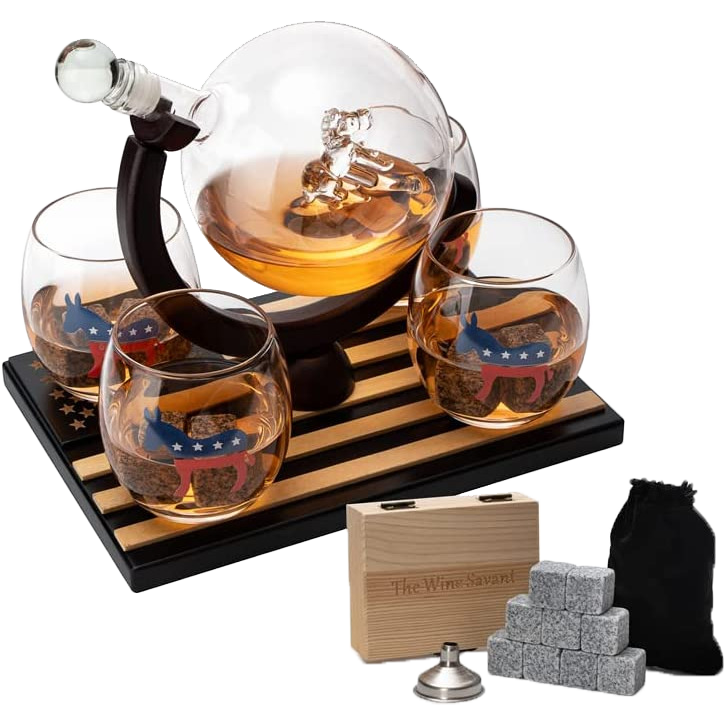 Democratic Party Wine & Whiskey Decanter Set, Proud Democrat Vote Blue Election Decor, Washington DC Politics Gift, 750ml With US Flag and 4 Glasses - Donkey Logo, DNC Gifts, Senate, House & President