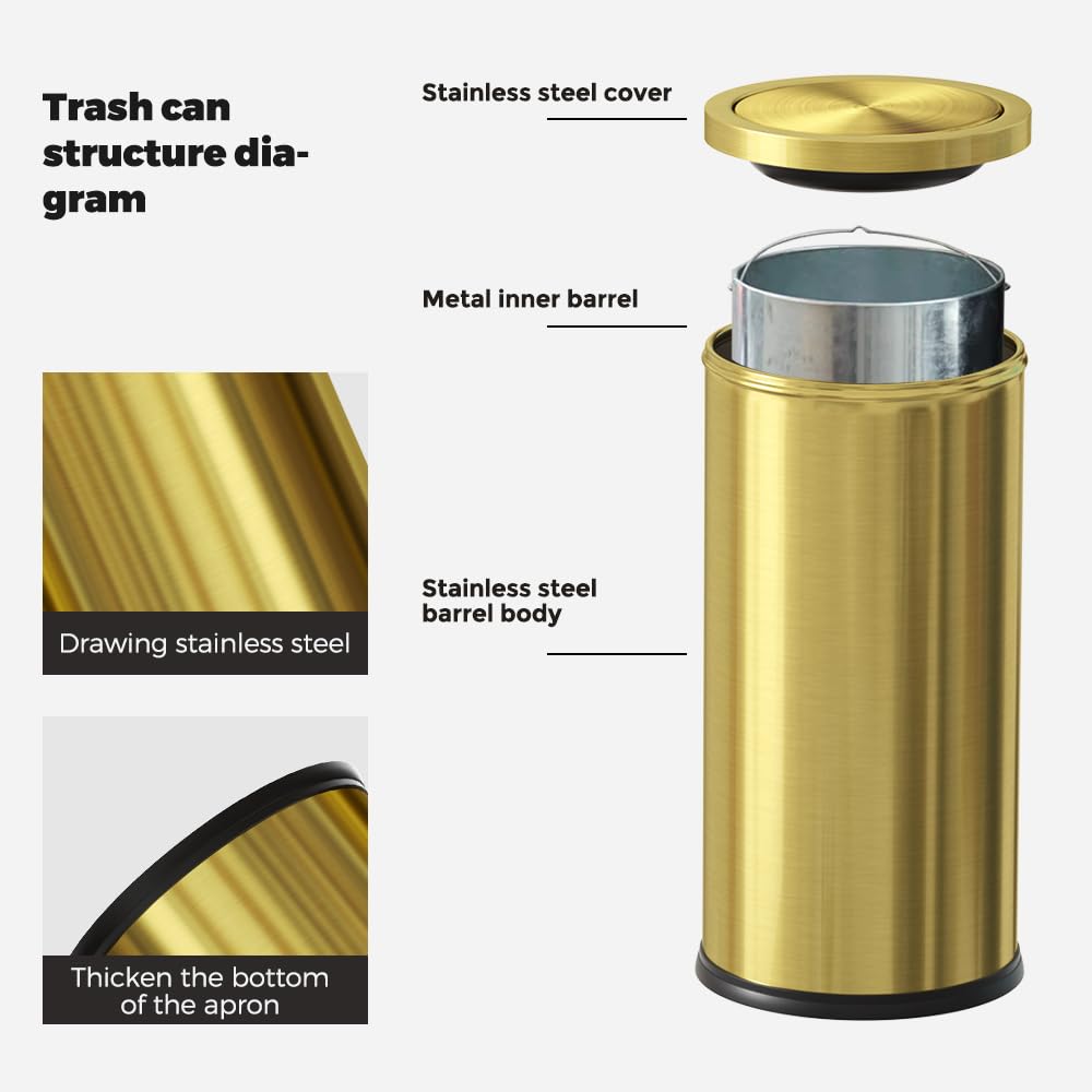 30L/8GAL Gold Brass Kitchen Trash Can,Tall Commercial Garbage can，Large Capacity FILP lid Trash can for Kitchen,Shopping mall,Elevator gate,Airport, Hotel,Commercial (Gold)