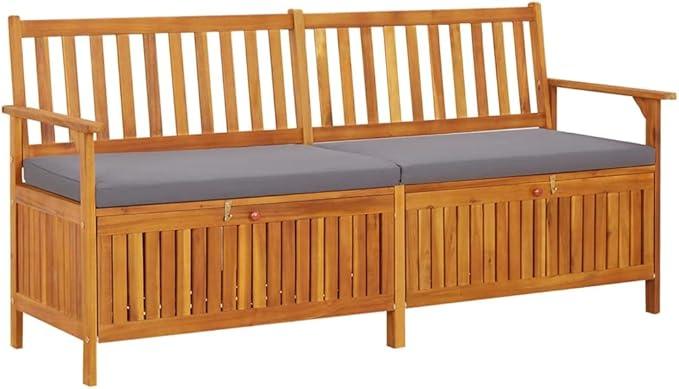 vidaXL Acacia Wood Outdoor Storage Bench Deck Box with Cushion - Solid Wood Patio Furniture, Brown/Dark Gray, 66.9
