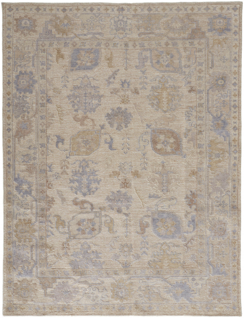 2' X 3' Tan Orange And Blue Floral Hand Knotted Stain Resistant Area Rug