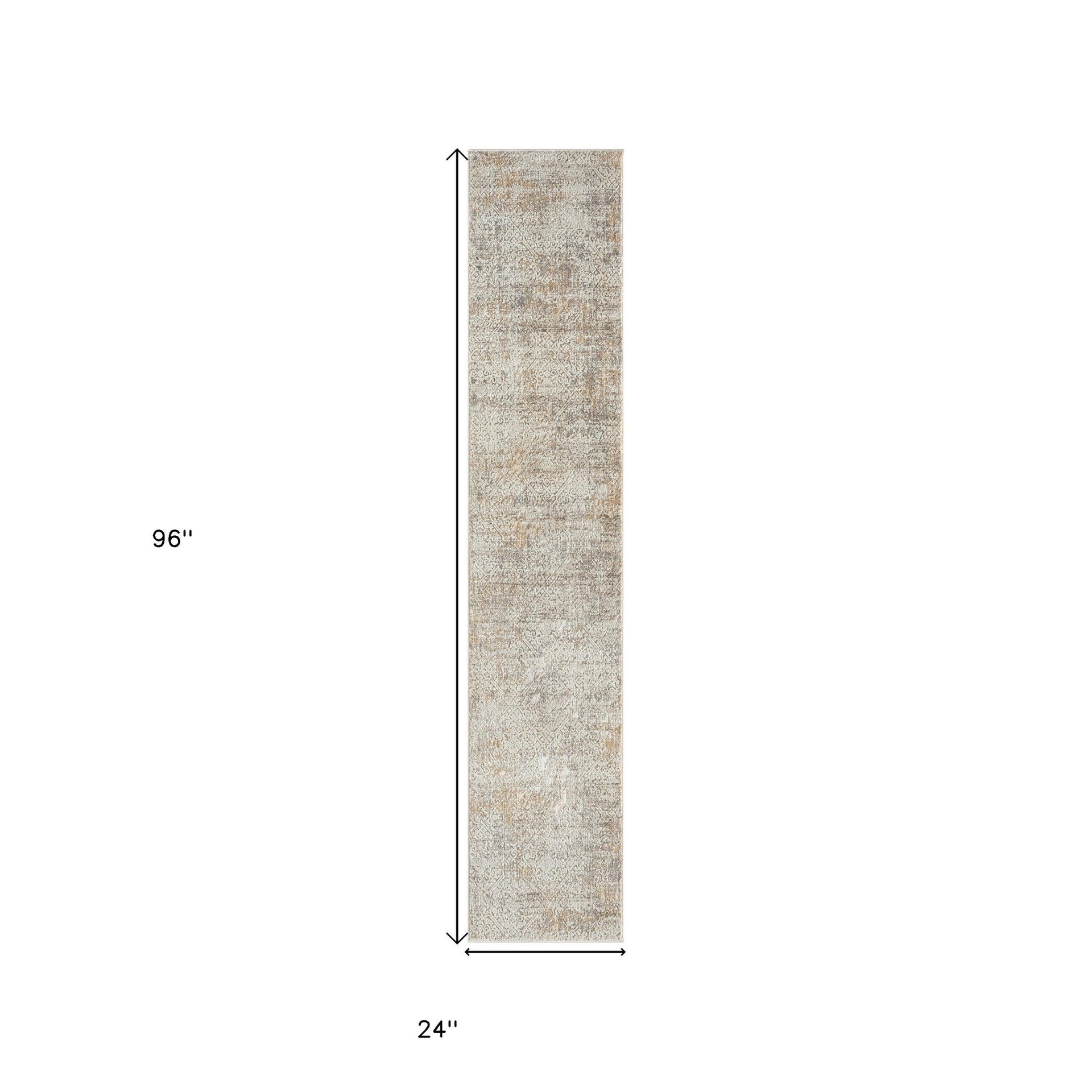 2' X 8' Gray Damask Distressed Runner Rug