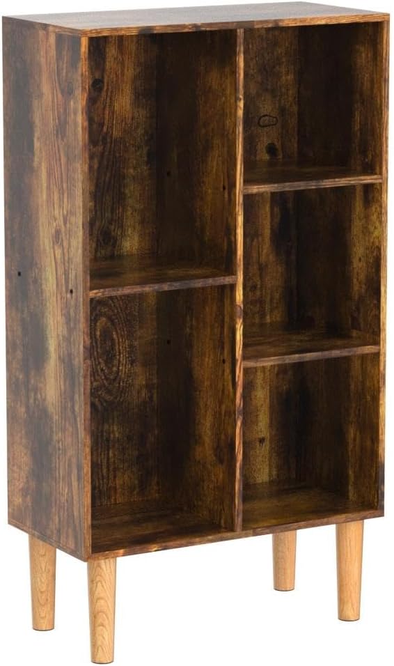 LEYAOYAO 5 Cube Small Bookshelf,3 Tier Mid-Century Bookcase with Legs,Wood Bookshelves Storage Organizer Shelf,Narrow Book Shelves,Brown Bookcases