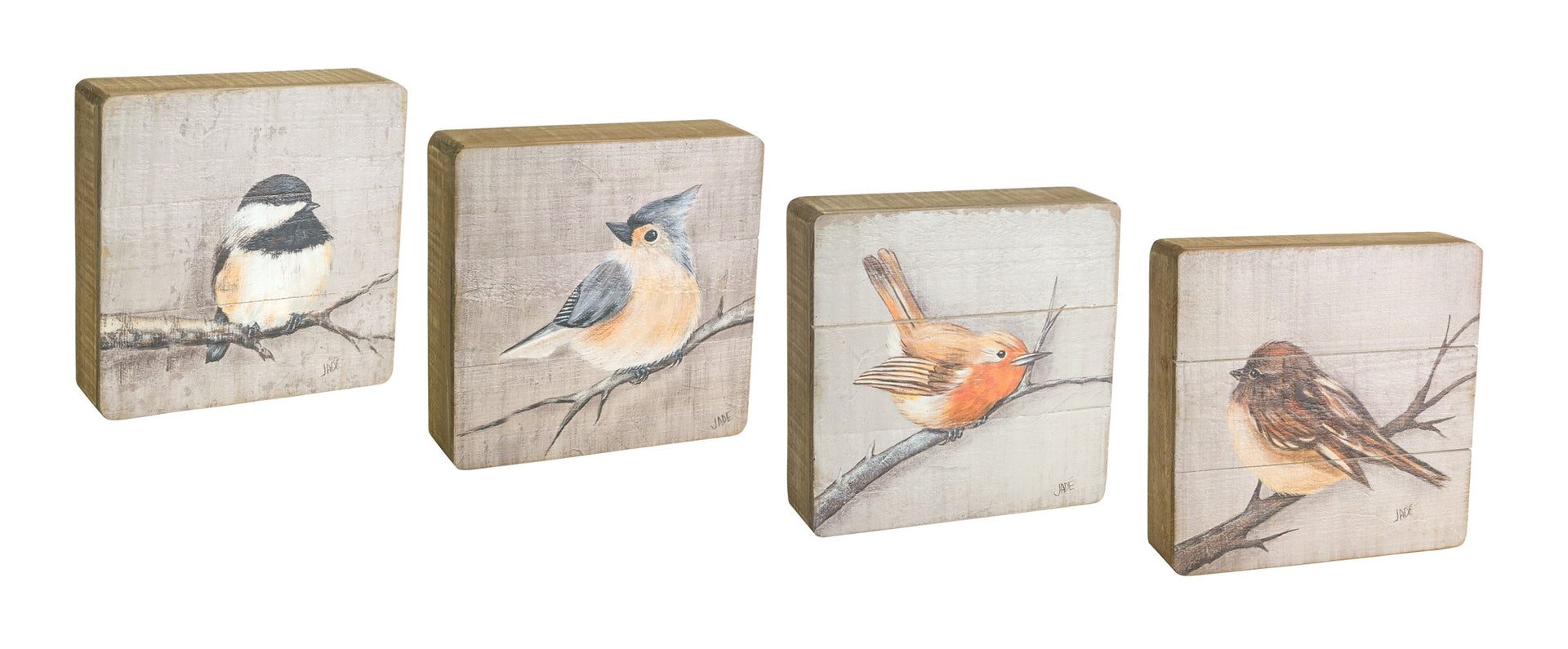 Set of Four Brown Bird Solid Wood Square Framed Art