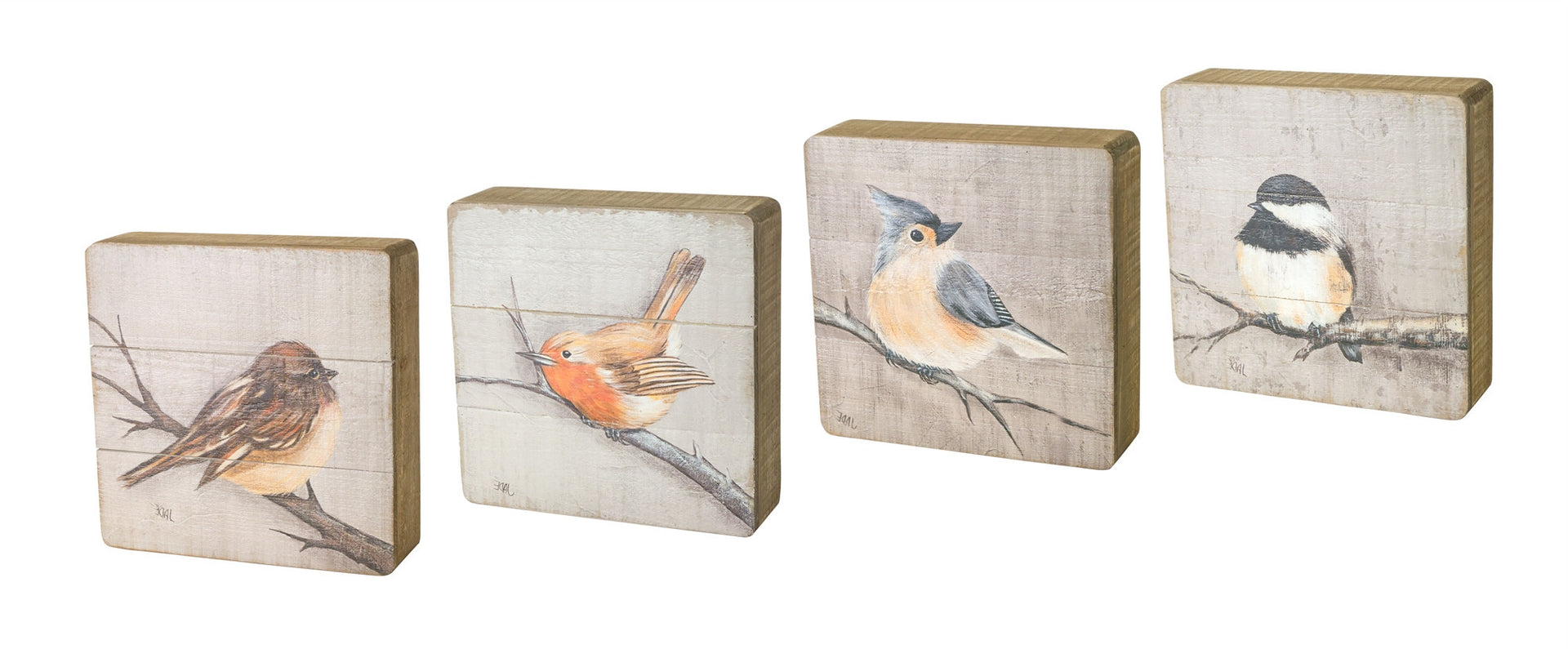 Set of Four Brown Bird Solid Wood Square Framed Art