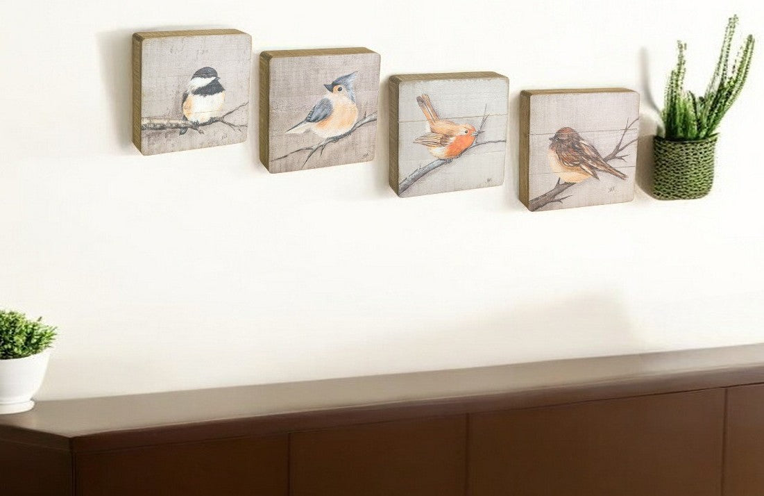 Set of Four Brown Bird Solid Wood Square Framed Art