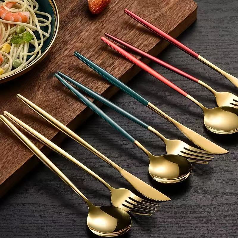 Stainless Steel Cutlery Set with Portuguese Gold Spray Painted Steak Knife, Fork, Spoon, and Tea Spoon 4-Piece Gift Pack