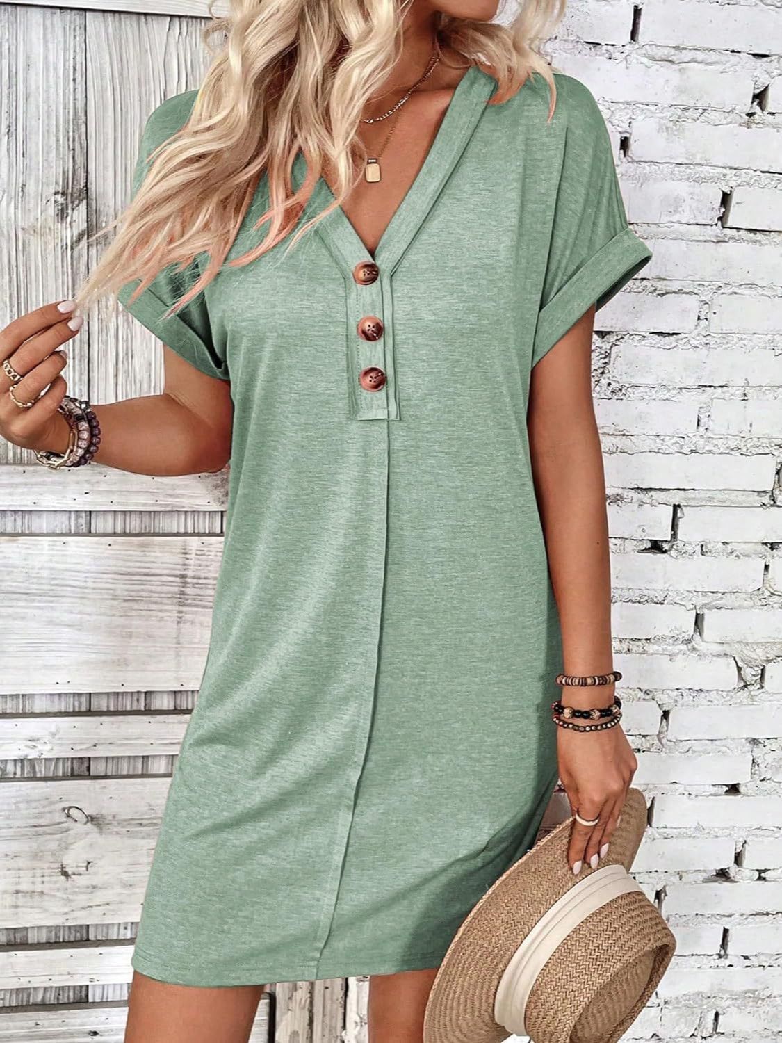 Elegant Button V-Neck Short Sleeve Dress Flattering Casual & Office Wear Simple Dress