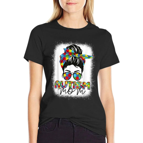 Autism Mom Life Messy Bun Bleached Mothers Day Autism Mom T-Shirt