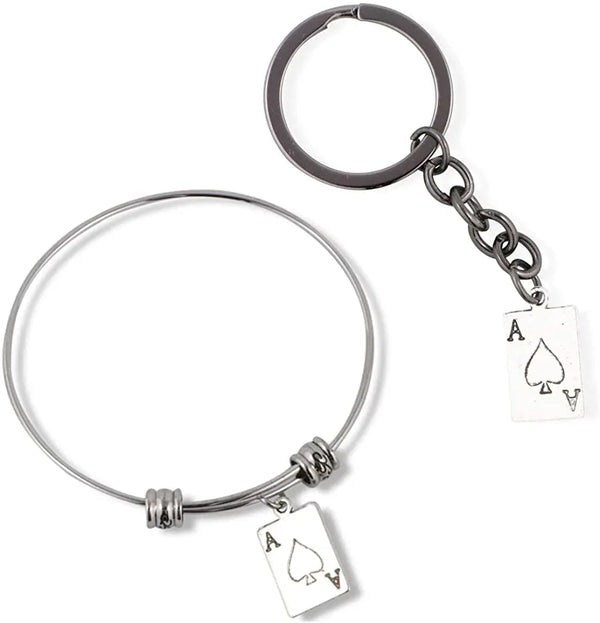 Ace Bracelet | Ace of Spades Bangle Bundled with Keychain Gift for Women Men Jewelry Playing Card Poker and Game Accessories - Gifts for You 'n Me