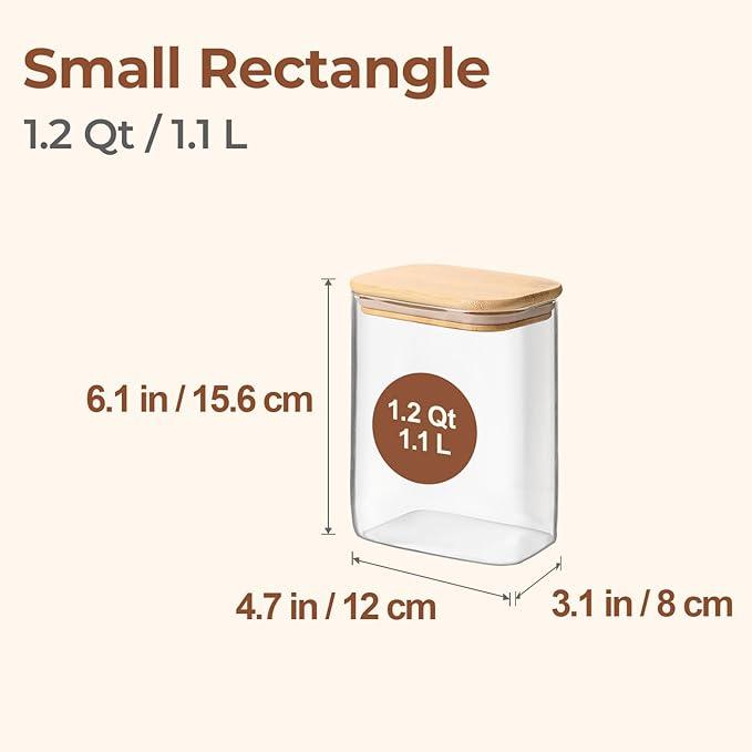 ComSaf 1.2 Qt Rectangle Glass Storage Containers with Lids, Glass Jars with Bamboo Lids, Clear Food Storage Jar, Sugar Coffee Containers, Pantry Container for Pasta Tea Candy Nut