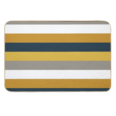 Broad Stripes Pattern in Light And Dark Mustard Yellow, Grey, White, And Navy Blue Bath Mat