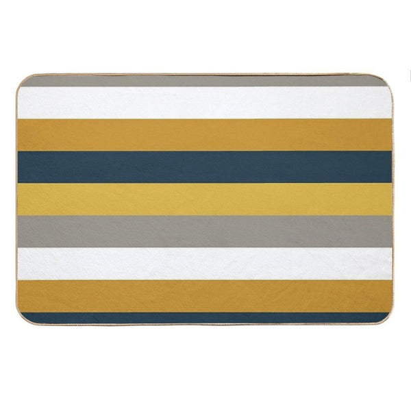 Broad Stripes Pattern in Light And Dark Mustard Yellow, Grey, White, And Navy Blue Bath Mat