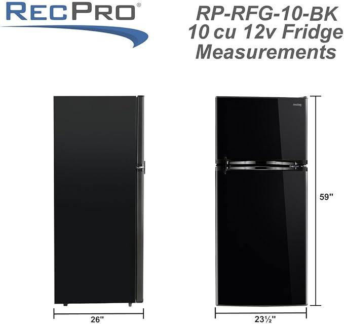 RecPro 10 Cu Ft 12V RV Refrigerator | Black Frost-Free Fridge with Freezer | Double Door, Adjustable Shelves, Reversible Door, Built-In Lock | 23.5”W x 26”D x 59”H | Off-Grid & Dry Camping Ready