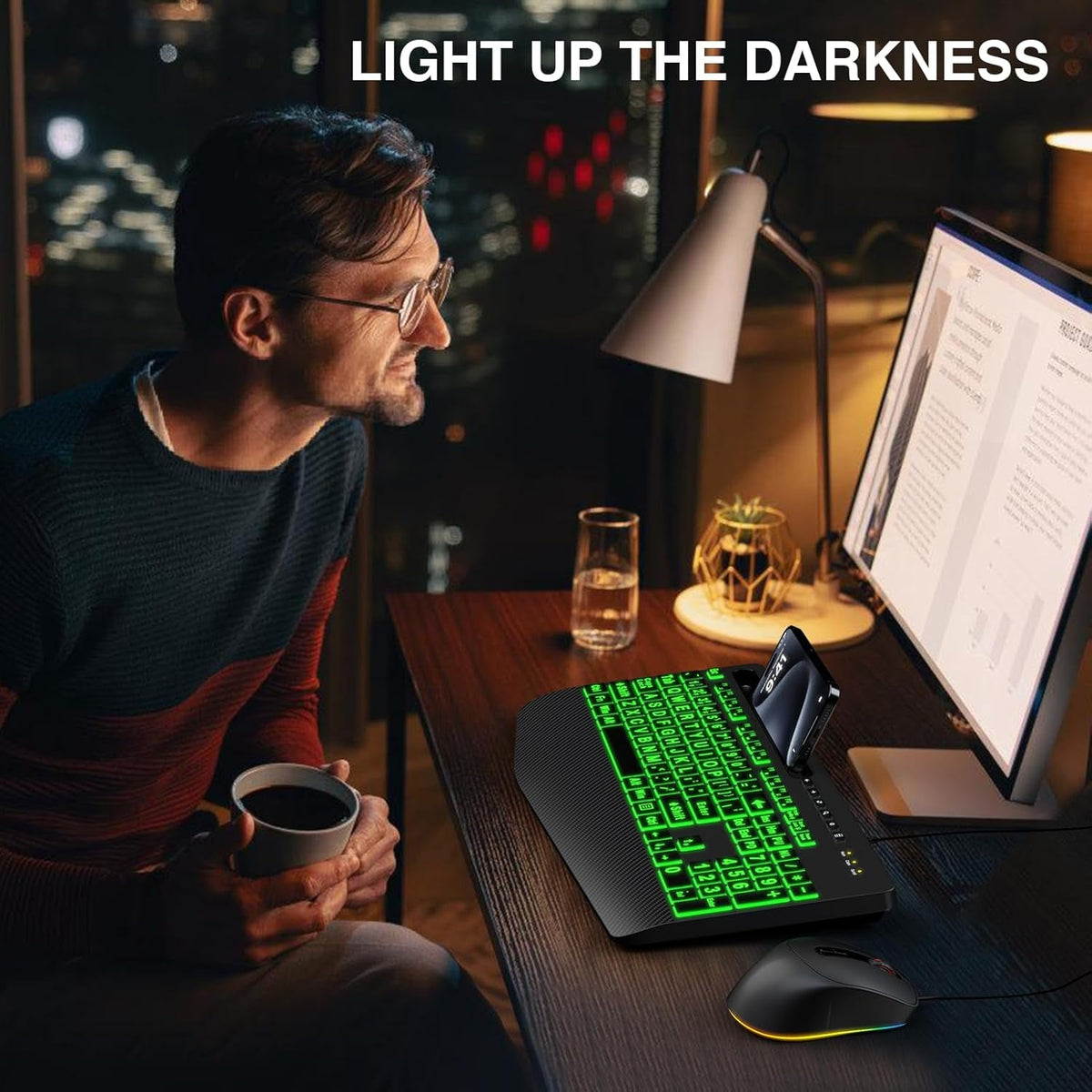 Wired Keyboard Mouse Combo – Large Print Backlit with Ergonomic Wrist Rest & 6-DPI RGB Mouse