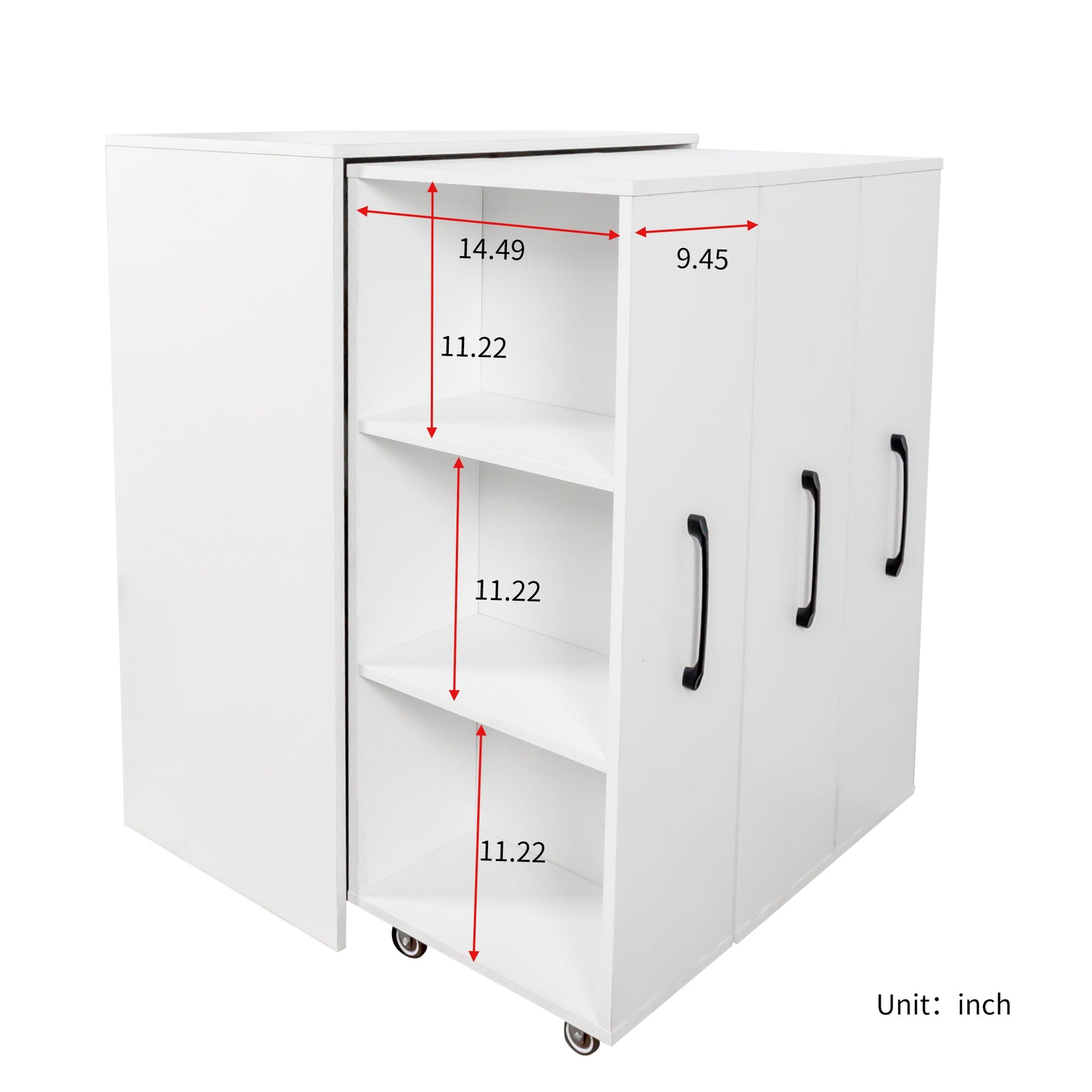 Bookcase with Three Pulled Out Doors Shelving Cabinet,3 Tier Floor Standing Bookcase,Slide Out Storage Bookcase file cabinet,Office Bedroom Living Room Hidden Storage Cabinet with Wheels