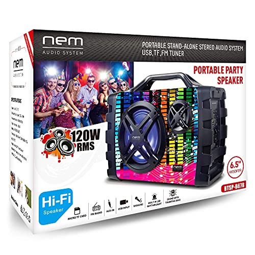 NEM Stereo Boombox with Bluetooth, LED Lights, NFC, USB, AUX-In, Radio, MP3 & Mic/Guitar Input