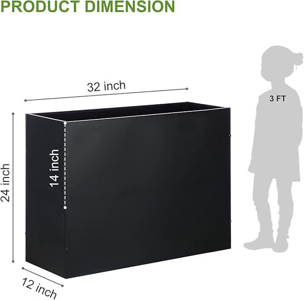 Metal Rectangular Planter Box Tall Planters for Outdoor Plants Modern Heavy Duty with Drainage Holes for Outside Indoor Patio Deck - Black, 32”x 12”x 24”
