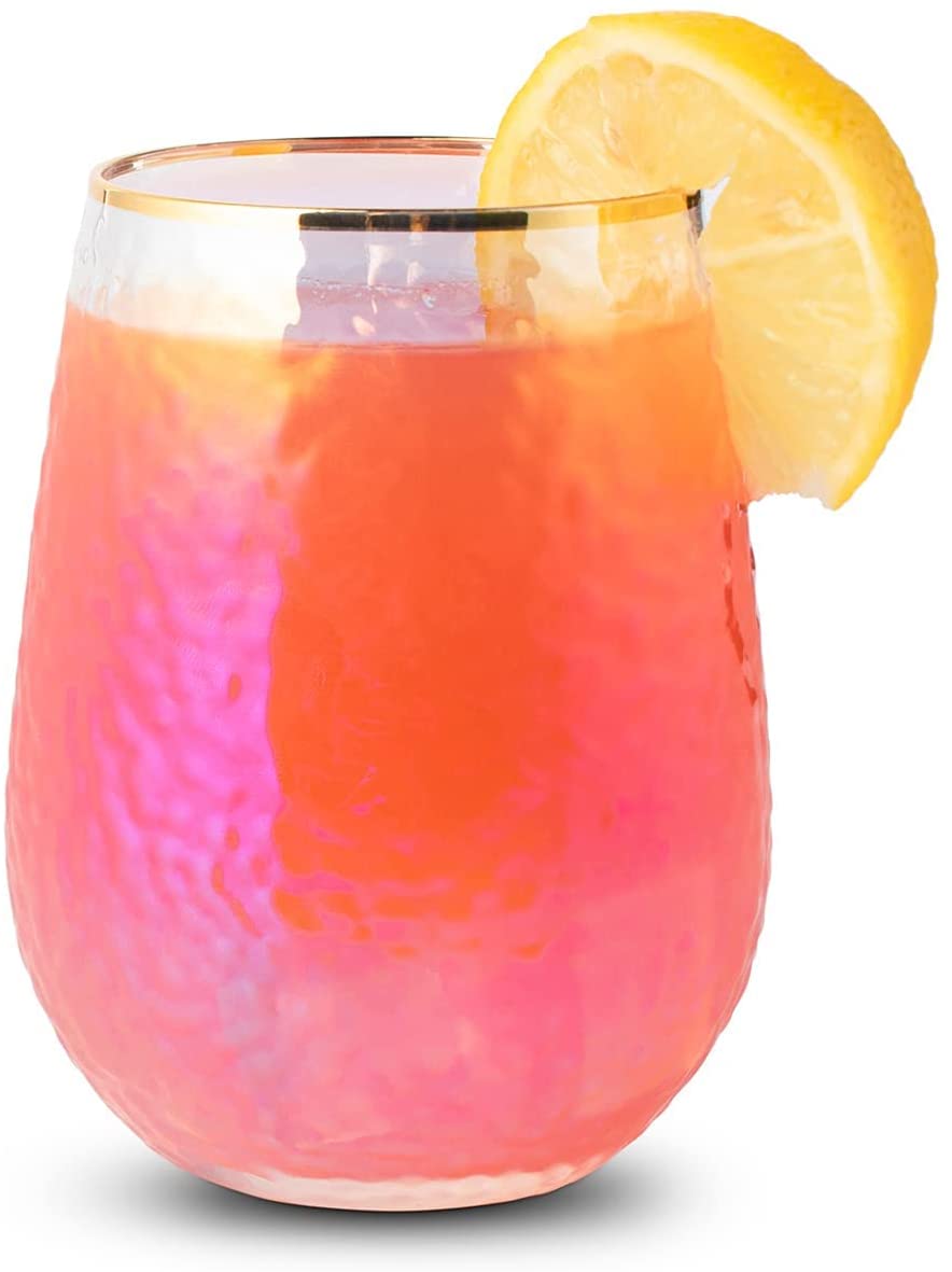 Festive Lustered Iridescent Stemless Wine & Water Glasses - Set of 4-100% Glass 15oz Mouthblown Colorful Glasses - Anniversaries, Birthday Gift, Cocktail Party Radiance - Water, Whiskey, Juice, Gift