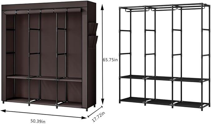 SORCEDAS Portable Closet Wardrobe Storage Organizer Metal Hanging Rack Non-Woven Fabric 50 Inch (Coffee)