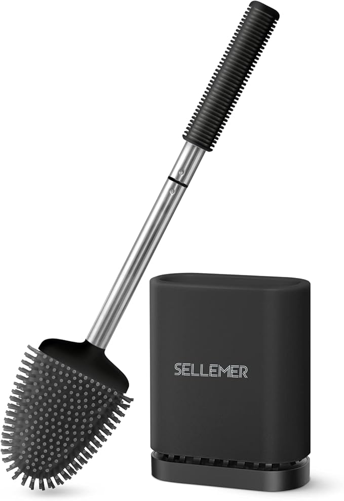 Sellemer Toilet Brush and Holder Set - Flexible Toilet Bowl Brush Head with Silicone Bristles, Compact Size for Storage and Organization, Ventilation Slots Base (1 Pack, Black)